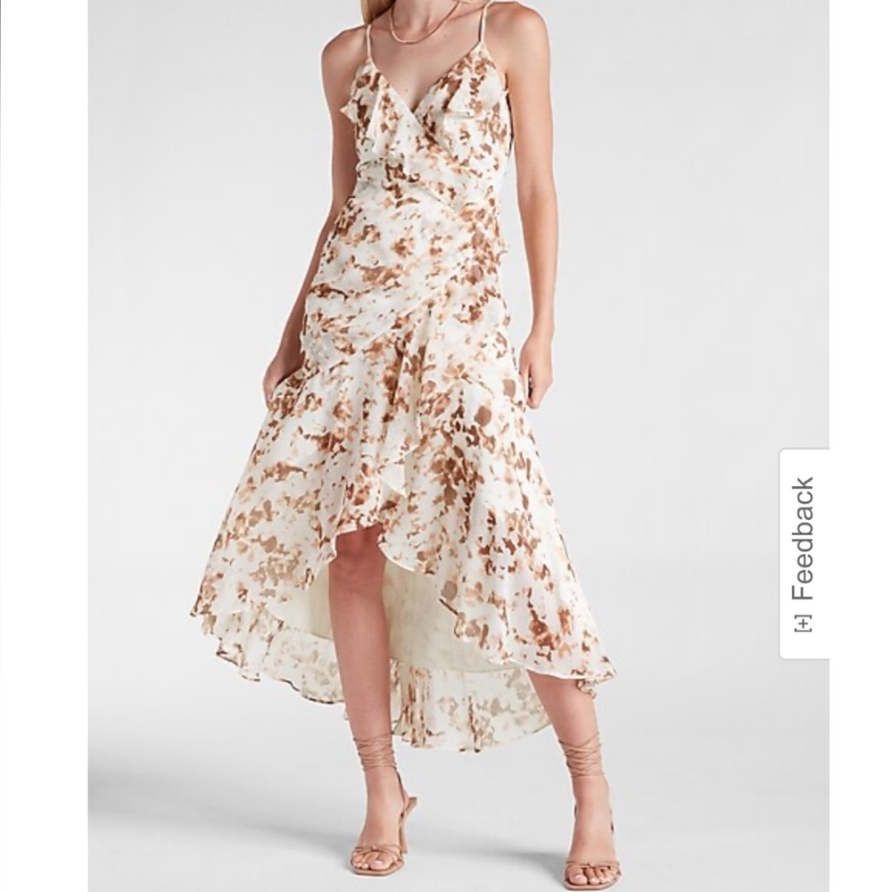 Express Printed Ruffle Wrap Hi Low Maxi Dress